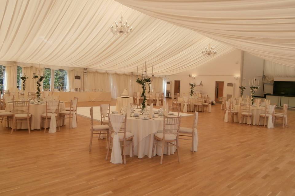 Hylands House Ivory Chiffon Vertical Drapes Finished With Rome Diamante Cluster & Pearl Brooch  with Ivory Table Cloths & Ivory Napkins