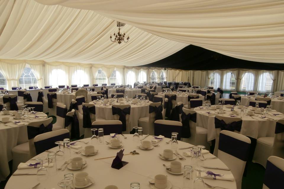 Mangapp Manor White Stretch Lycra Chair Covers with Damson Satin Sashes