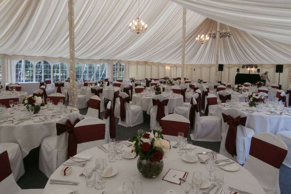 Pontlands Park (Marquee) White Linen Chair Covers with Garnet Tafetta Sashes