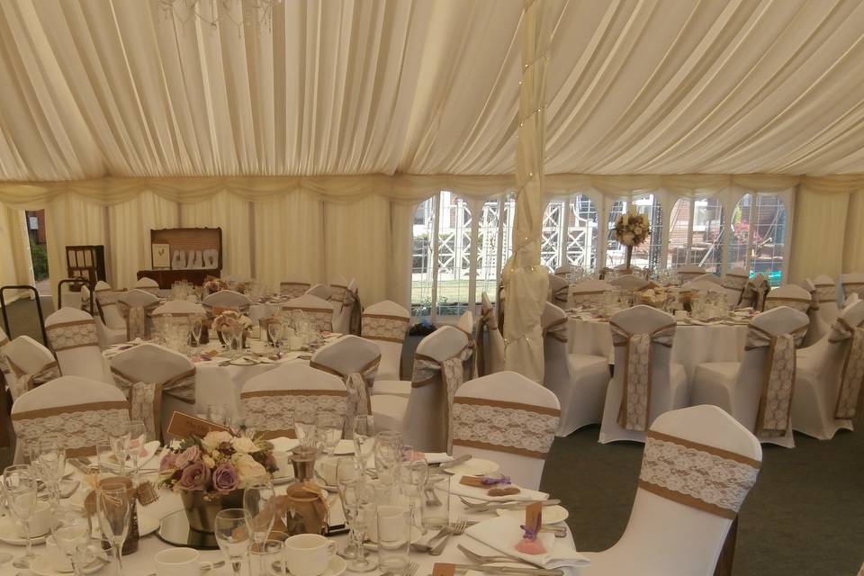 Pontlands Park (Marquee) White Stretch Lycra Chair Covers with Hessian & Lace Sashes