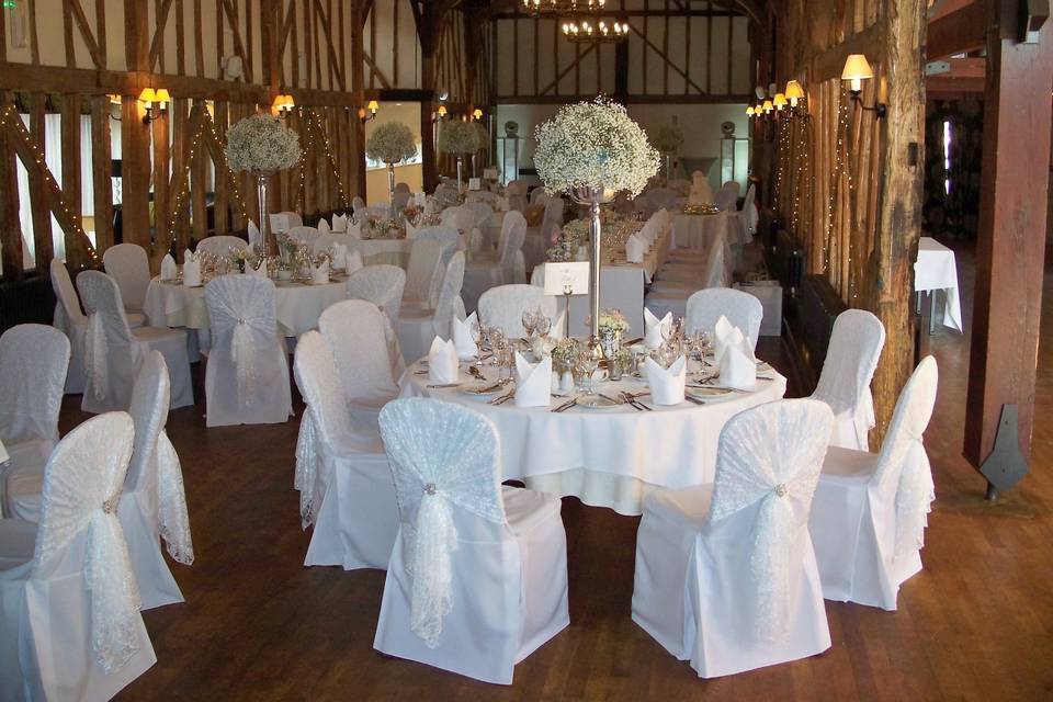 White linen chair covers with white lace