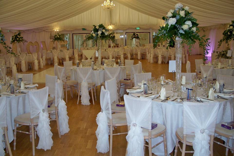 Hylands House White Chiffon Chair Hoods with Ruffles Finished With Blenheim Diamante Cluster Brooch