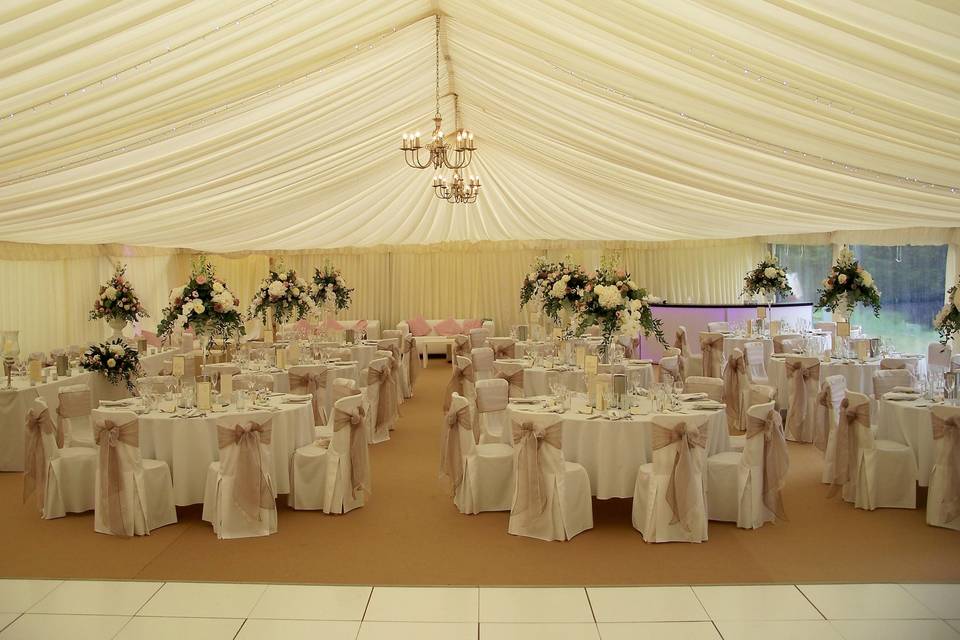 Private Marquee White Linen Chair Covers with Twin Sashes in Cappuchino & Pale Pink Organza with White Table Cloths & White Napkins