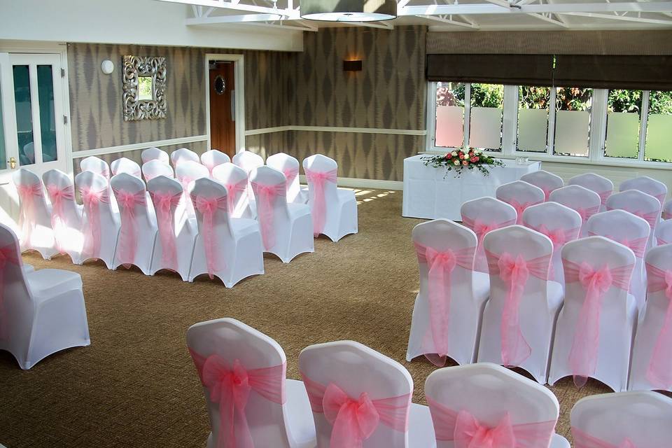 Pontlands Park (Conservatory) White Stretch Lycra Chair Covers with Salmon Pink Organza Sashes