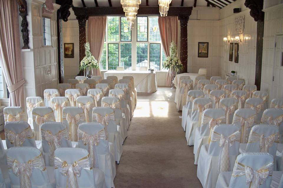 Laura Ashley The Manor Hotel Elstree Ivory Linen Chair Covers with Twin Sashes in Ivory Lace & Gold Satin