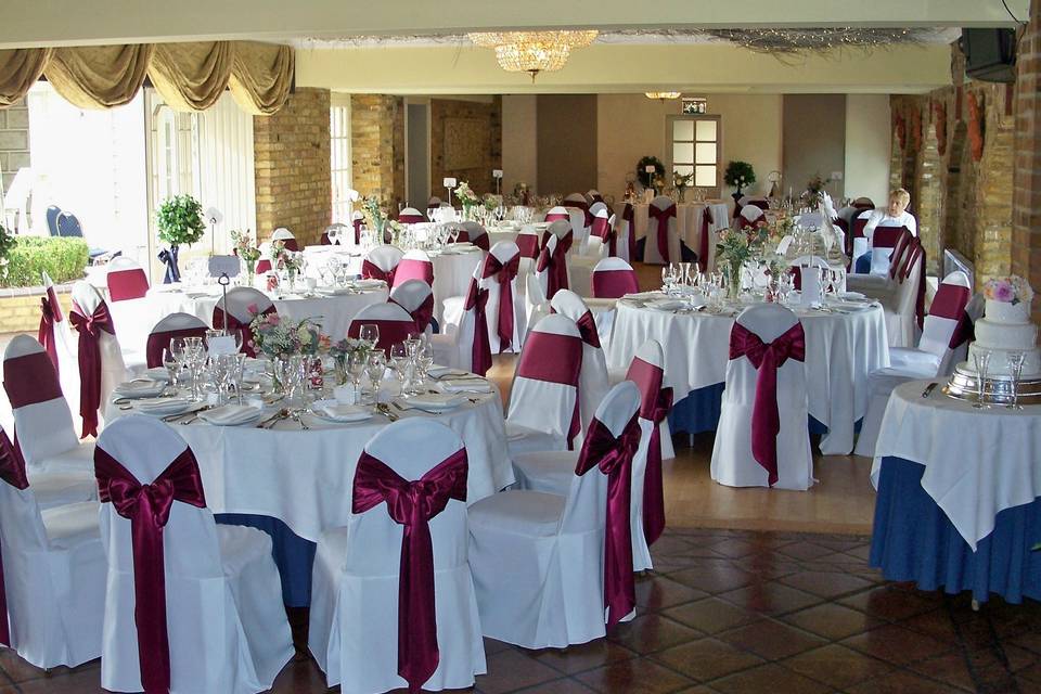 Friern Manor Country Hotel (Old Coaching Stables) White Linen Chair Covers with Burgundy Satin Sashes