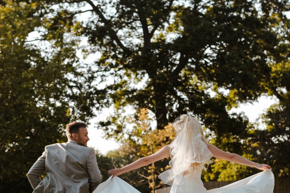 Groom and Bride running away