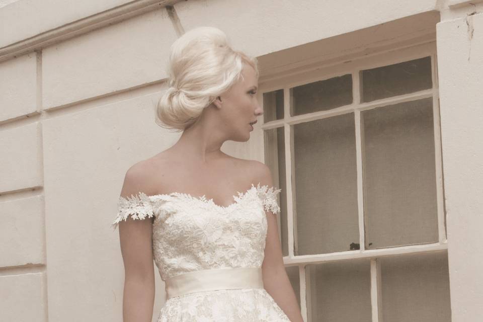 Mae - Tea Length 'Off The Shoulder' Lace Wedding Dress by House of Mooshki