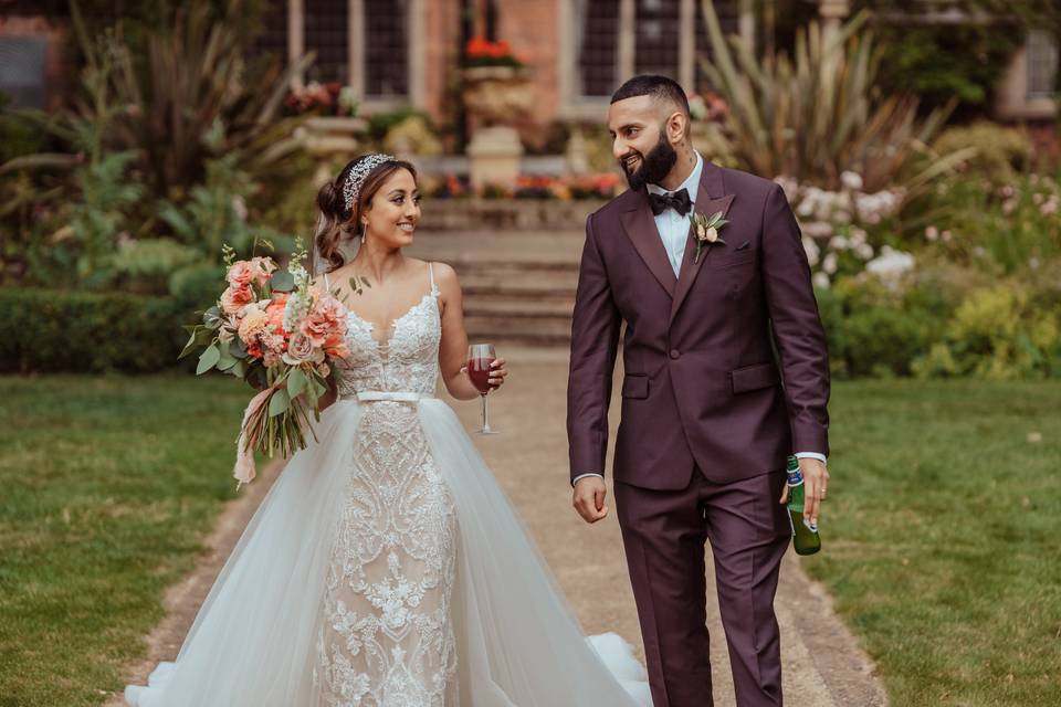 Bride and groom walking