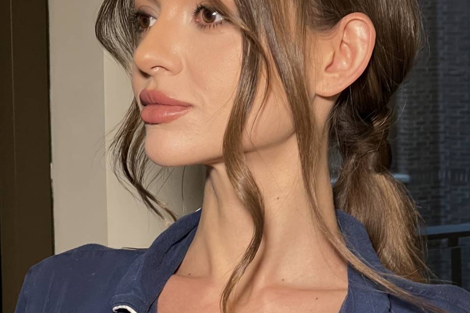 Soft glam and low ponytail