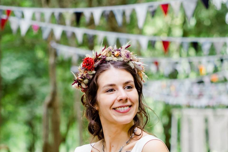 Happy bride with dried flowers