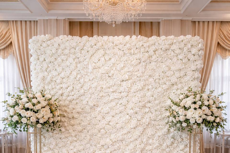 White Silk Roses Wall Setup