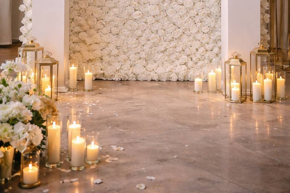 White Silk Roses Wall Setup