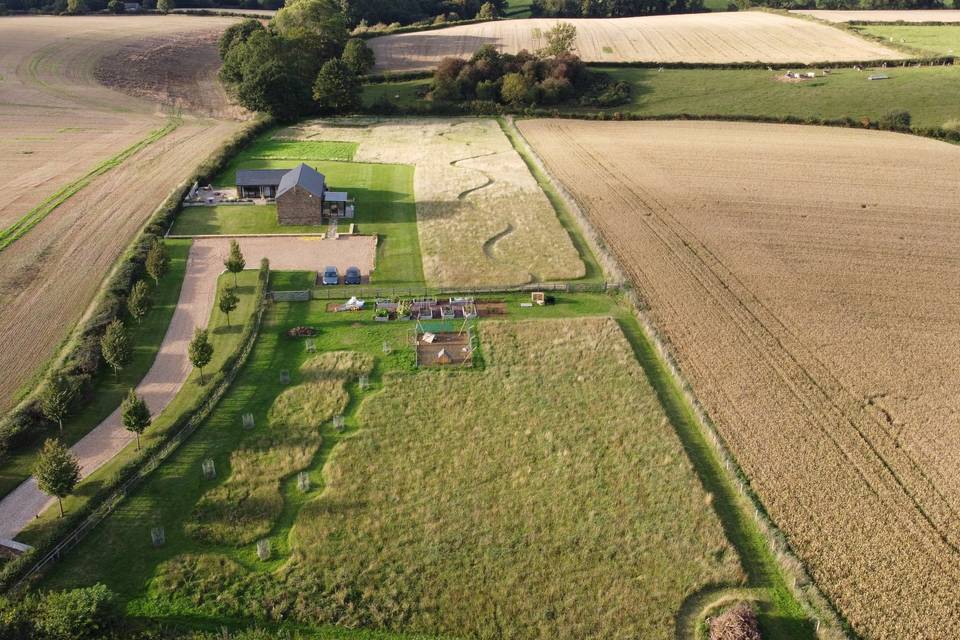 Aerial shot of Tinkers Barn