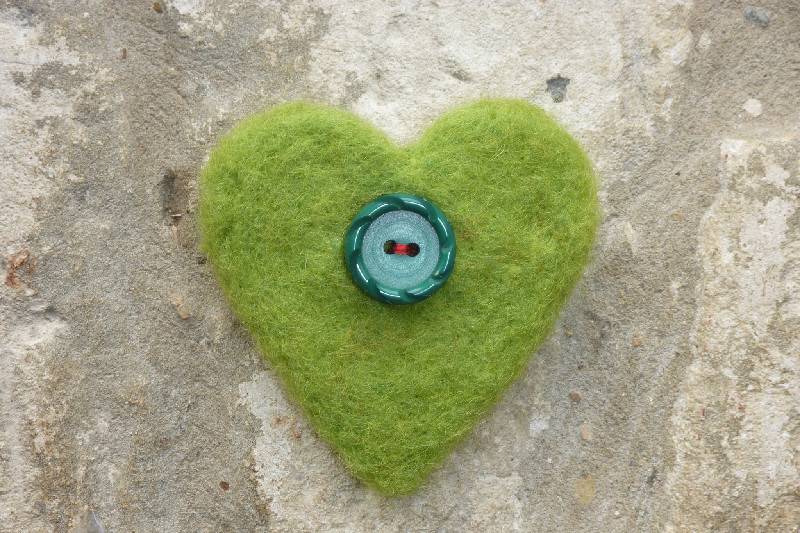 Green needlfelted heart, vintage button