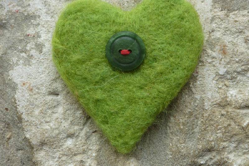 Green needlefelted heart, vintage heart