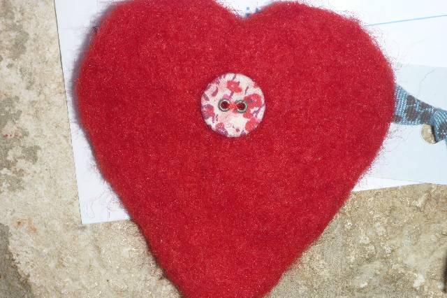 Larger red needlfelted heart, floral button