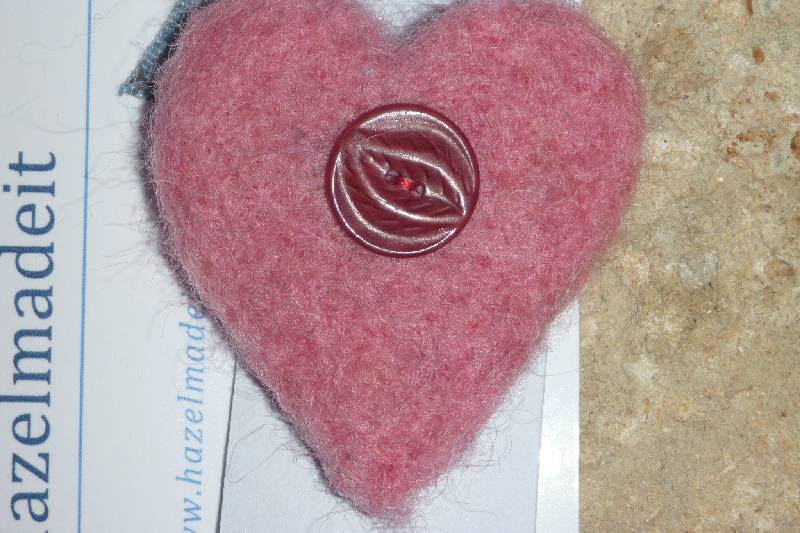 Pink needlefelted heart, vintage button