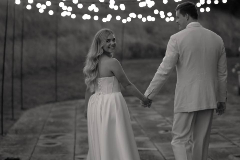 Cinematic B&W fairy lights cou