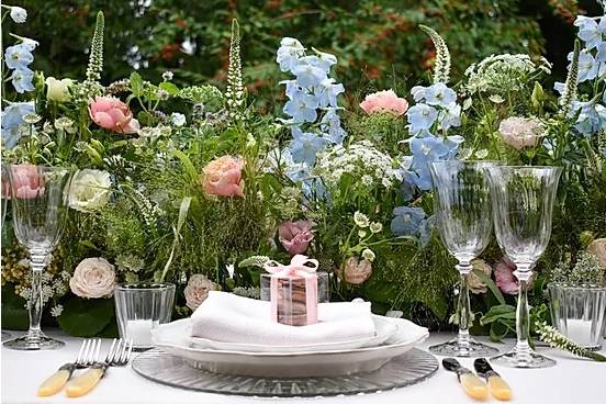 Place setting and beautiful flowers
