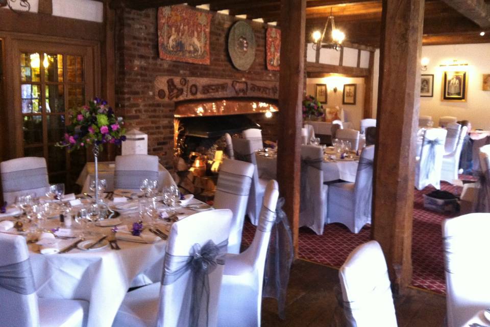 Fresh flowers and silver sashes ready for a wedding